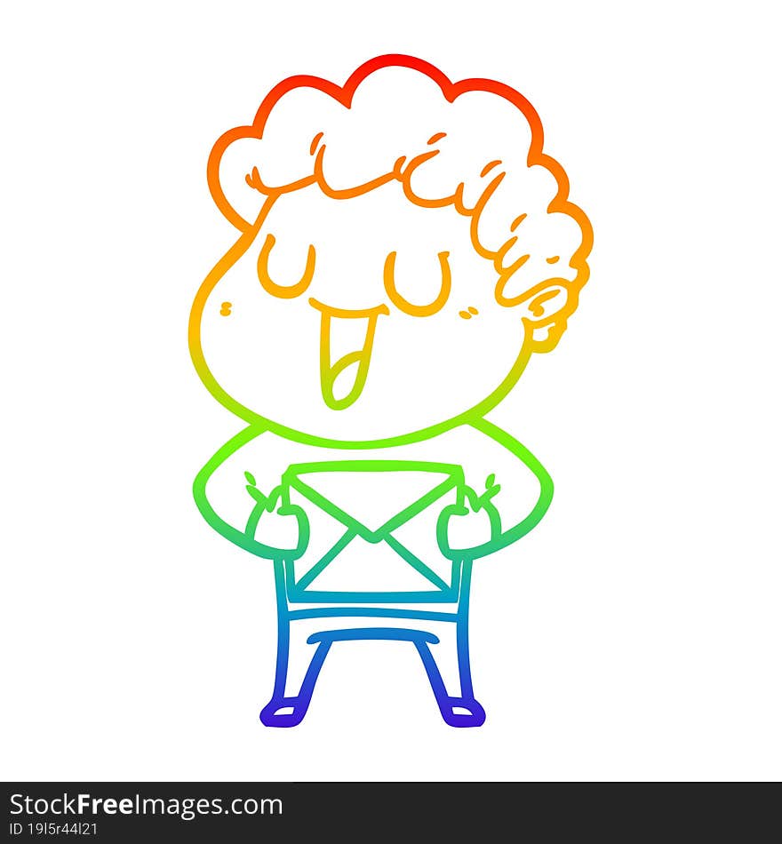 rainbow gradient line drawing laughing cartoon man with parcel