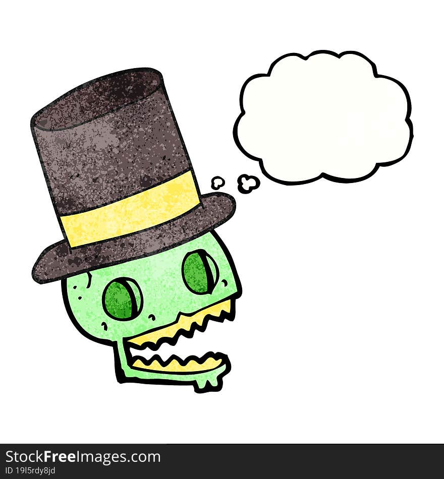 thought bubble textured cartoon laughing skull in top hat