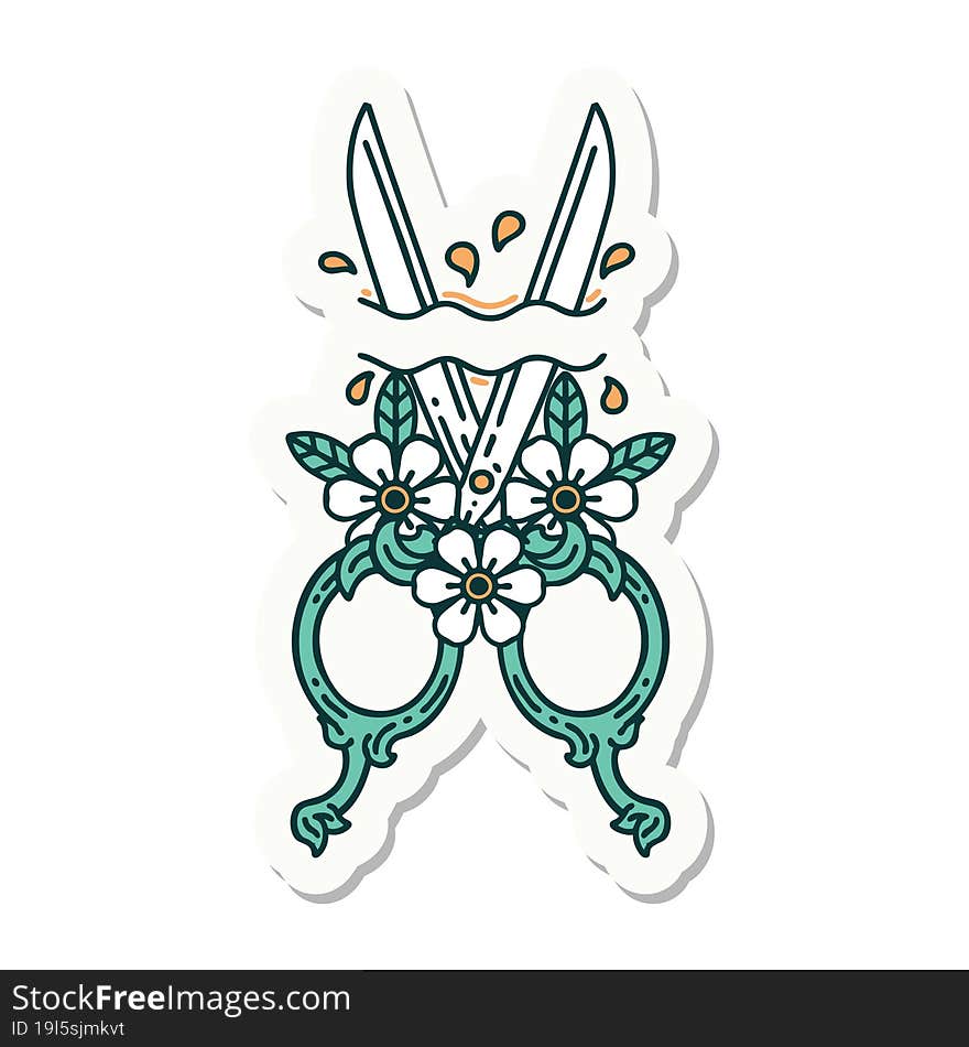 tattoo style sticker of a barber scissors and flowers