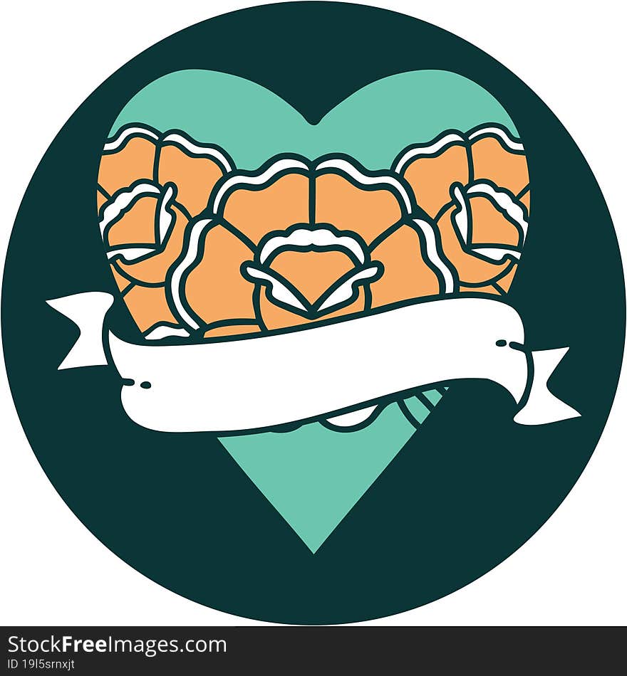 iconic tattoo style image of a heart and banner with flowers. iconic tattoo style image of a heart and banner with flowers