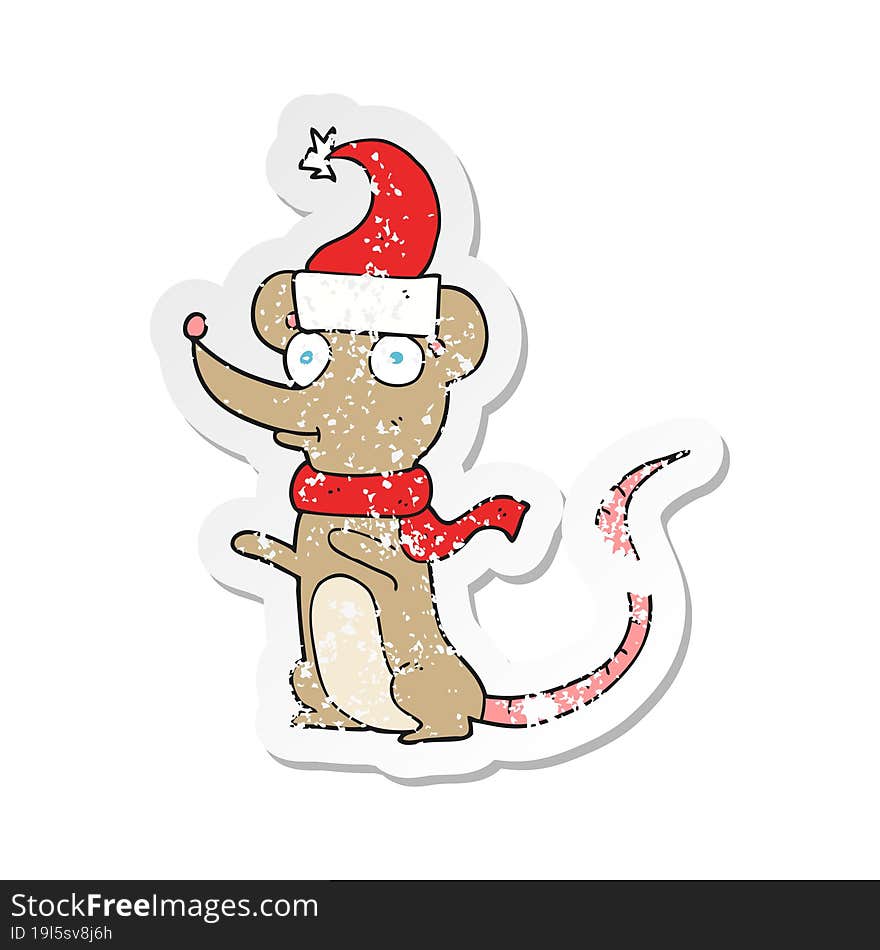 retro distressed sticker of a cartoon mouse wearing christmas hat