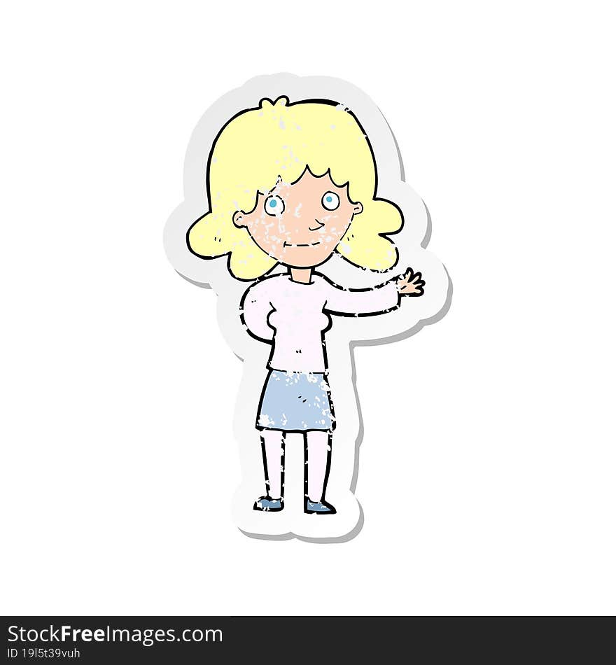 retro distressed sticker of a cartoon friendly woman