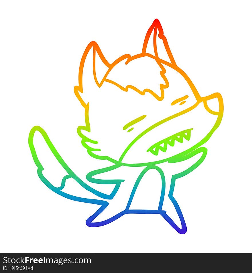 rainbow gradient line drawing cartoon wolf showing teeth whilst dancing