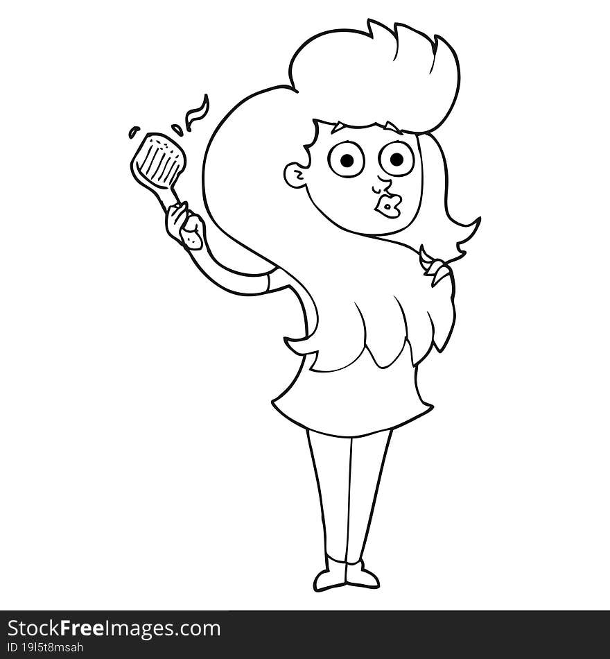 black and white cartoon woman brushing hair