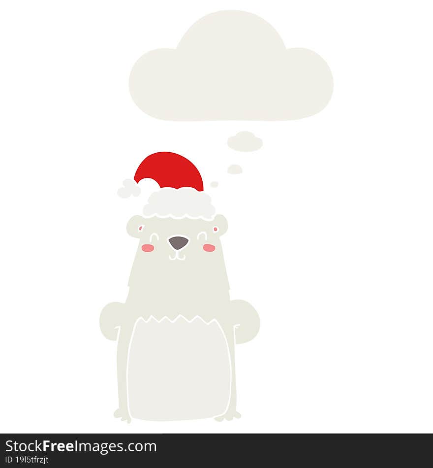 cartoon bear wearing christmas hat and thought bubble in retro style