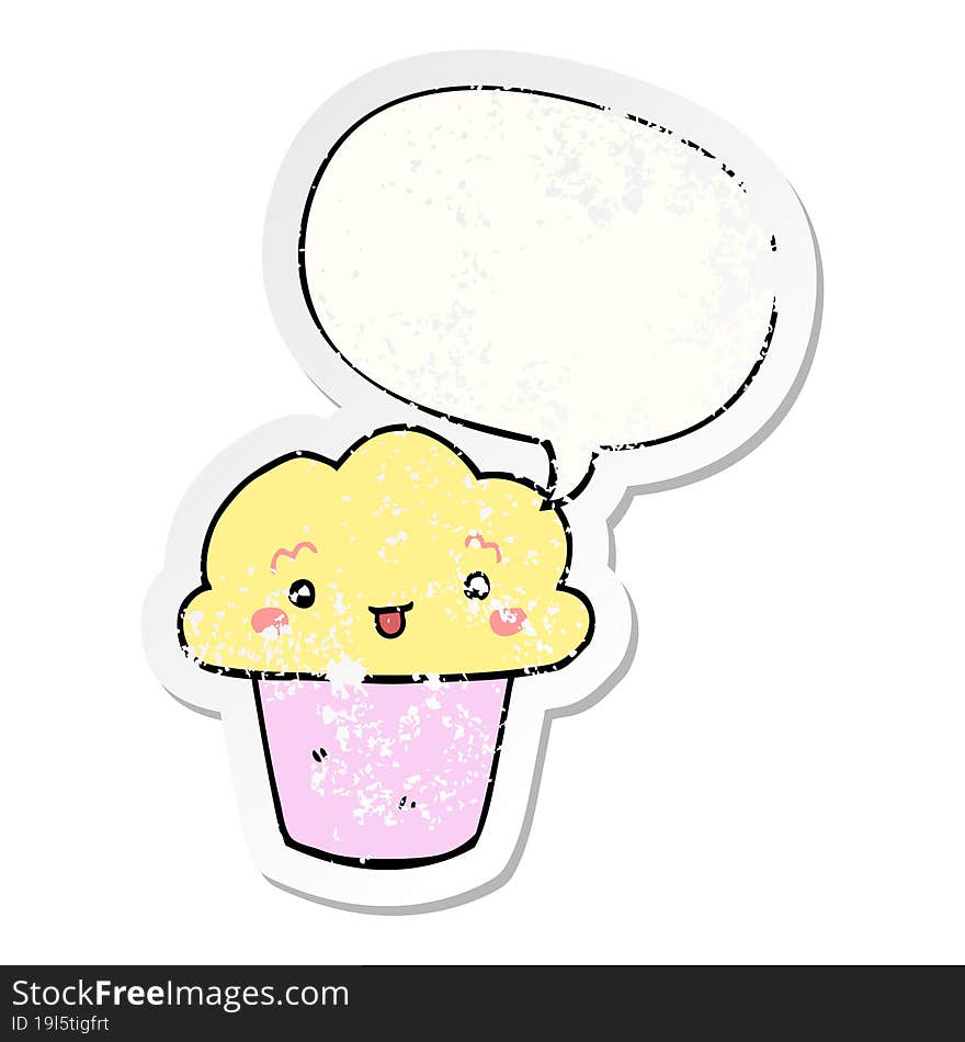 cartoon cupcake and face and speech bubble distressed sticker