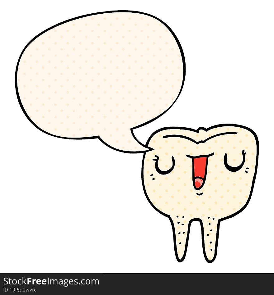 cartoon happy tooth and speech bubble in comic book style