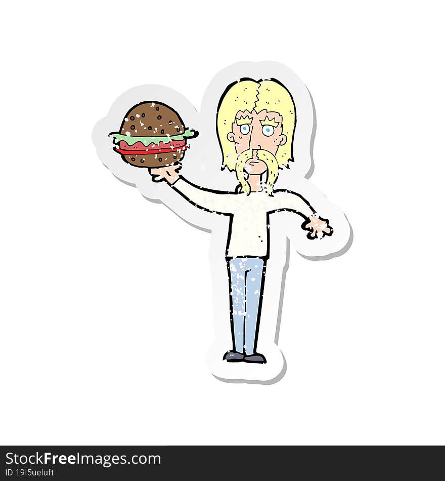 Retro Distressed Sticker Of A Cartoon Man With Burger