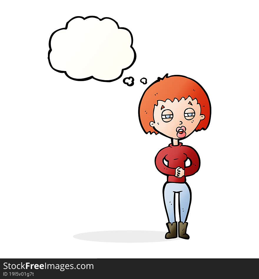 cartoon tired woman with thought bubble