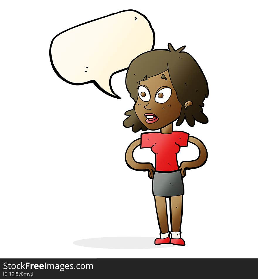 cartoon woman with hands on hips with speech bubble