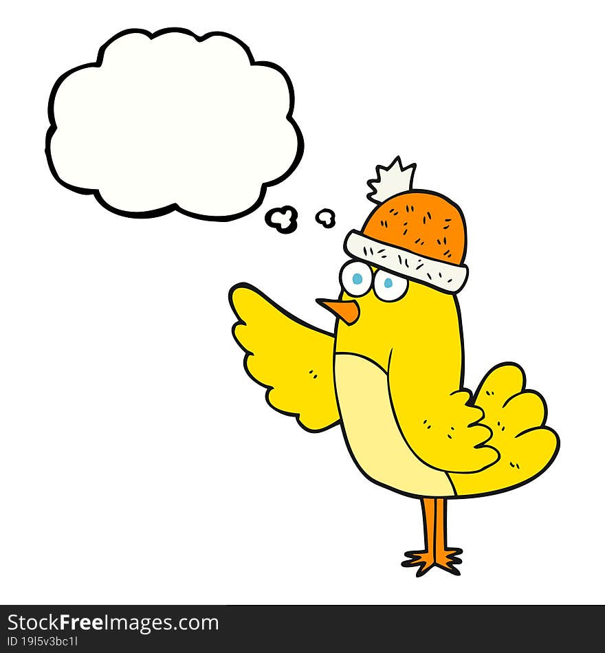 thought bubble cartoon bird wearing hat