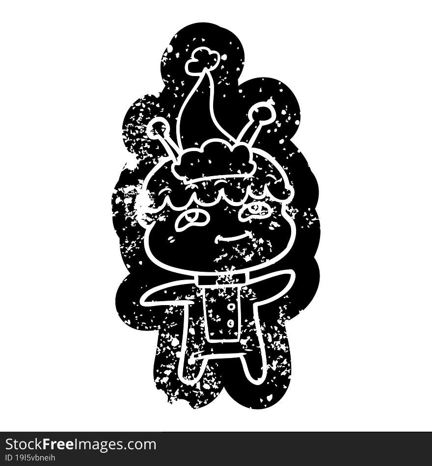 Friendly Cartoon Distressed Icon Of A Spaceman Wearing Santa Hat