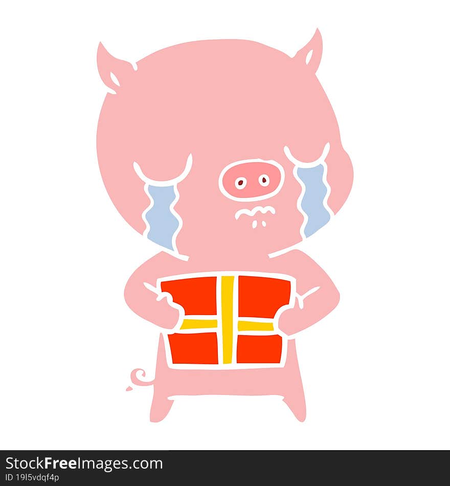 flat color style cartoon pig crying over christmas present