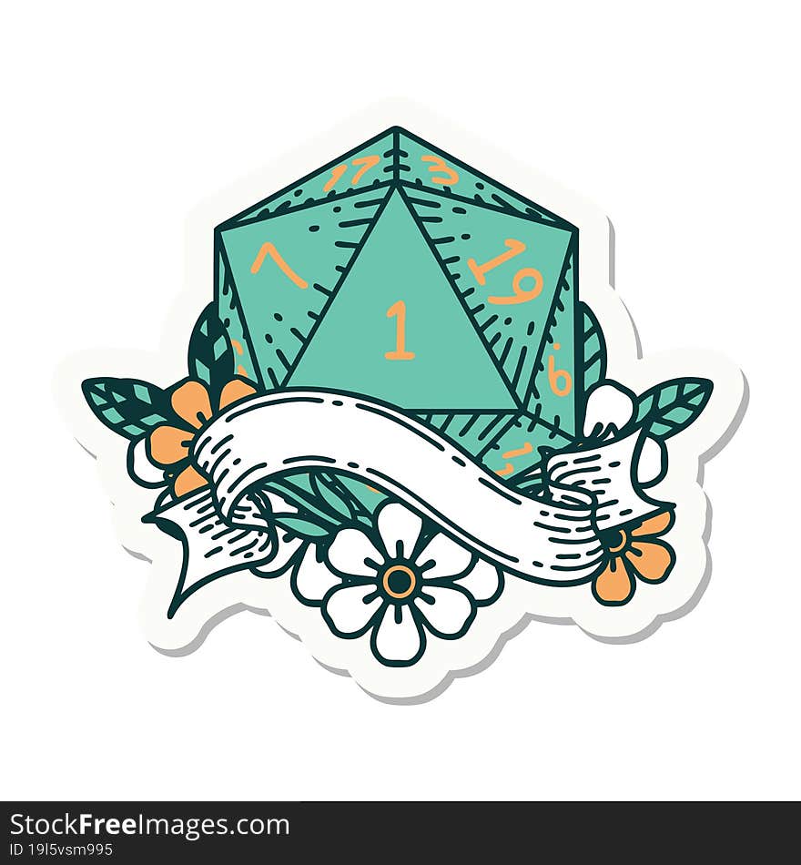 sticker of a natural one d20 dice roll. sticker of a natural one d20 dice roll