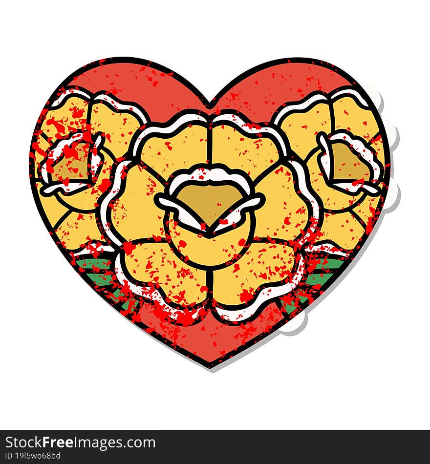 distressed sticker tattoo in traditional style of a heart and flowers. distressed sticker tattoo in traditional style of a heart and flowers