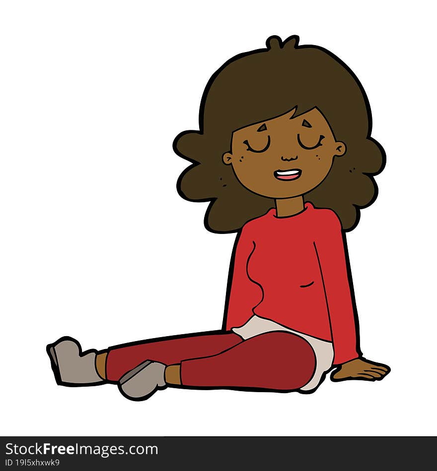 cartoon happy woman sitting on floor