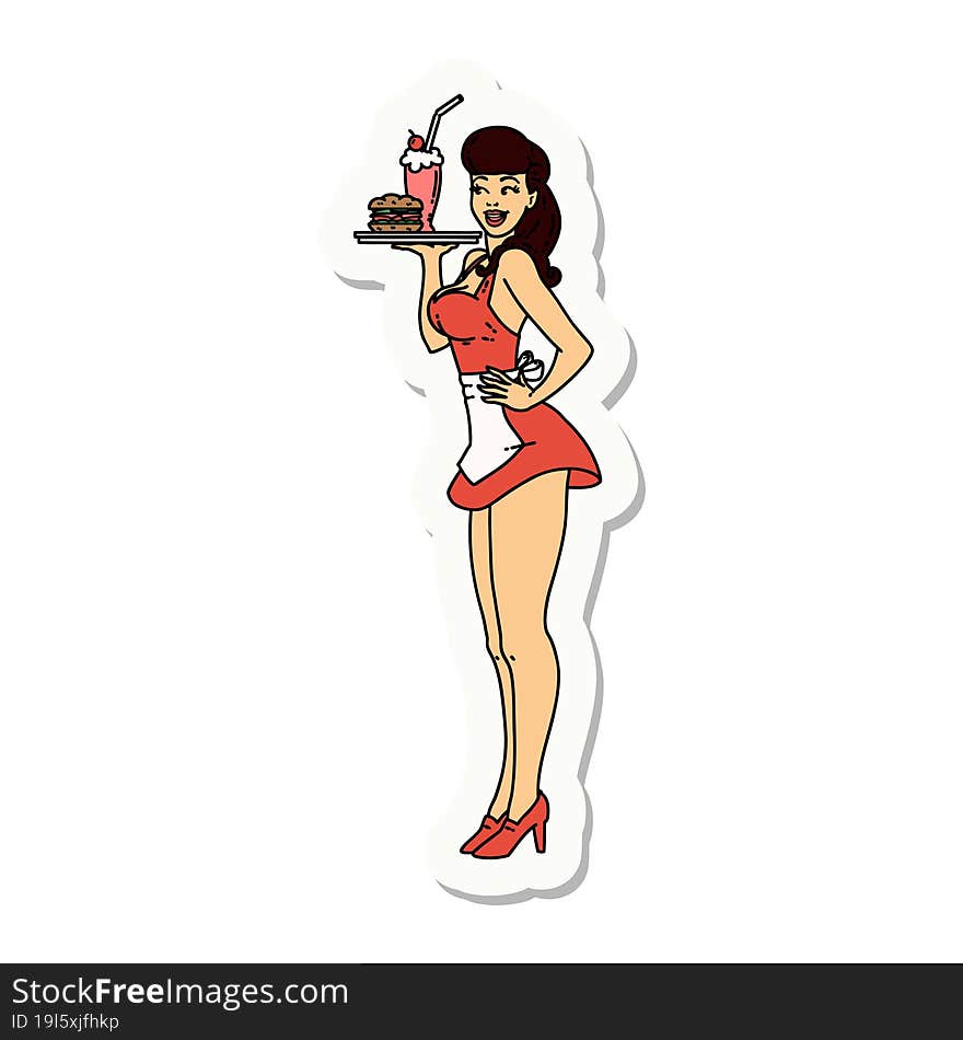 tattoo style sticker of a pinup waitress girl