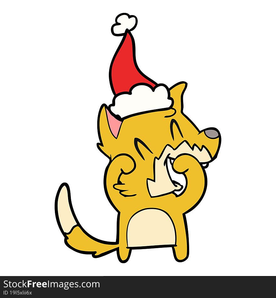 laughing fox line drawing of a wearing santa hat