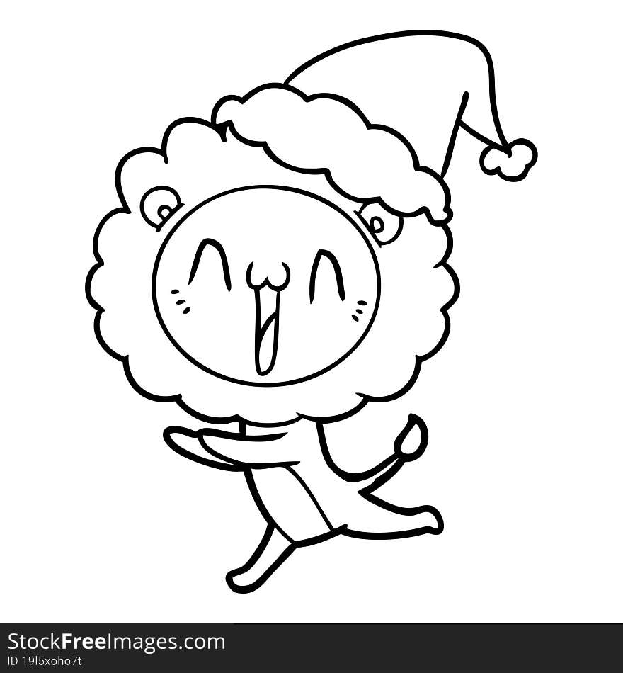 happy hand drawn line drawing of a lion wearing santa hat. happy hand drawn line drawing of a lion wearing santa hat