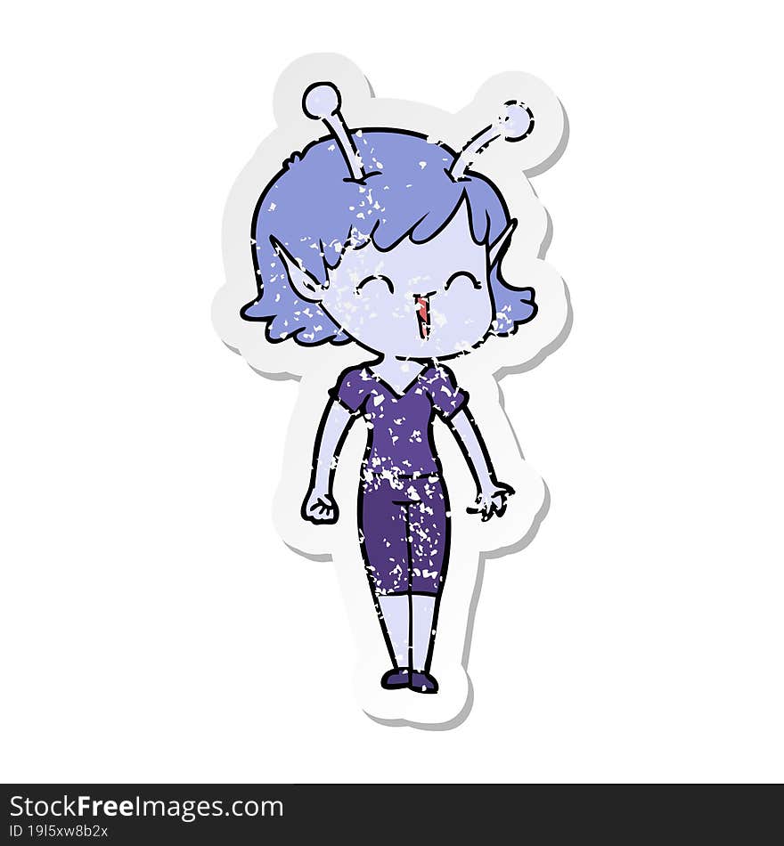 distressed sticker of a cartoon alien girl laughing