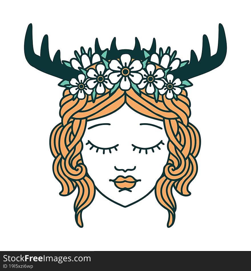 Retro Tattoo Style human druid character face. Retro Tattoo Style human druid character face