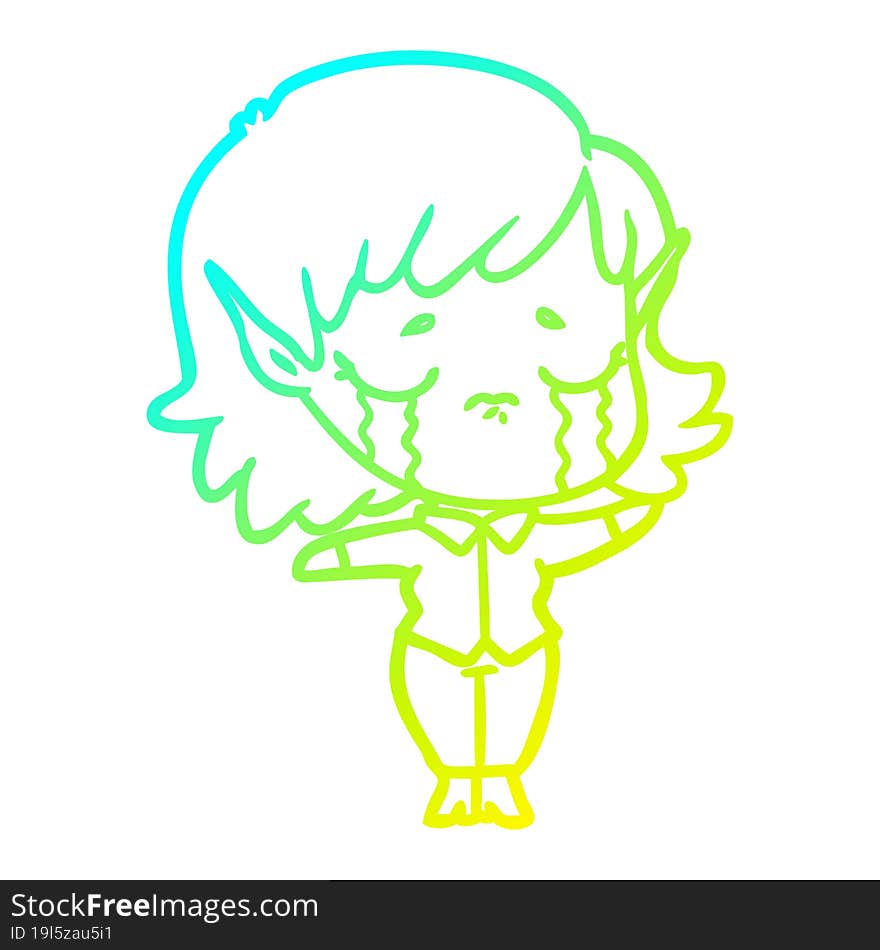 Cold Gradient Line Drawing Cartoon Crying Elf Girl