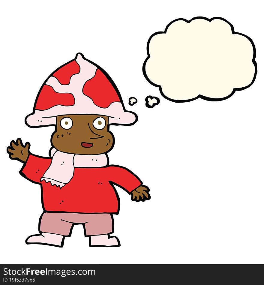 cartoon mushroom man with thought bubble