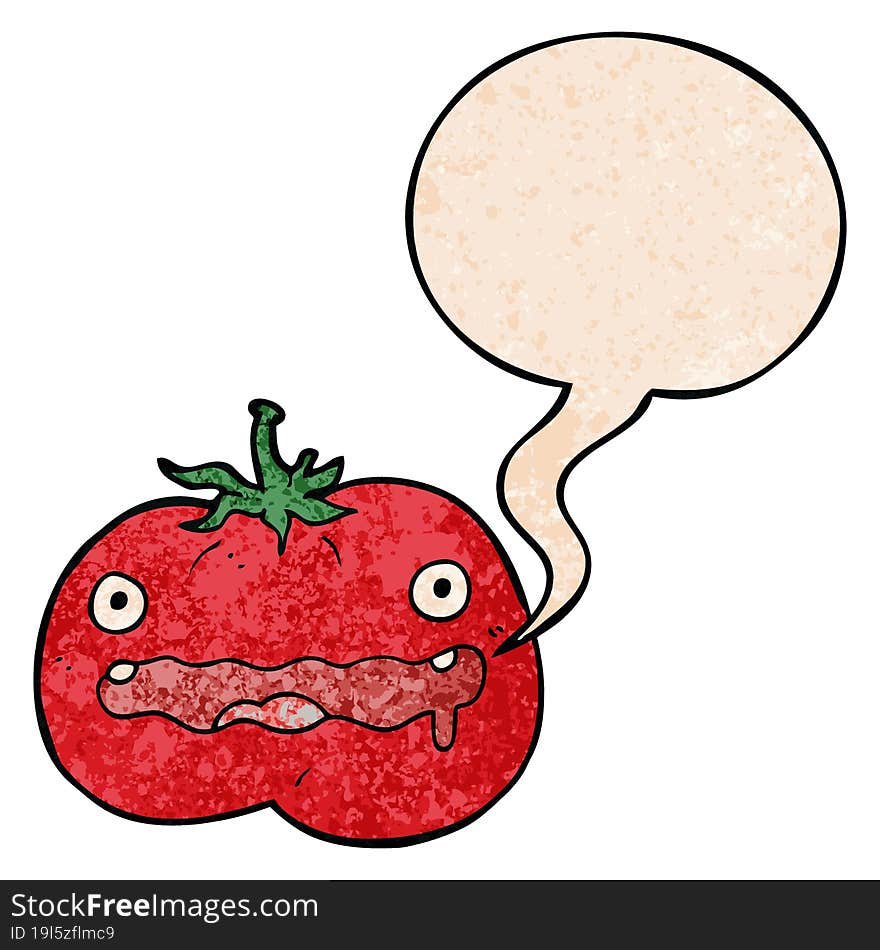 cartoon tomato and speech bubble in retro texture style