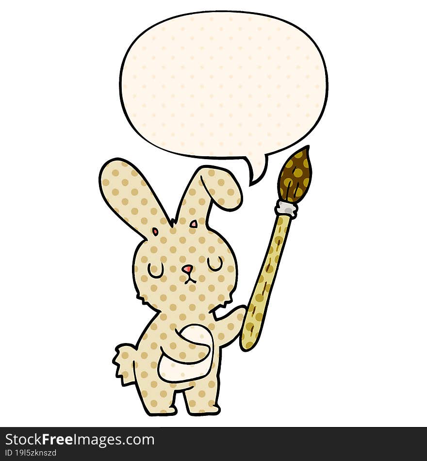 cartoon rabbit and paint brush and speech bubble in comic book style