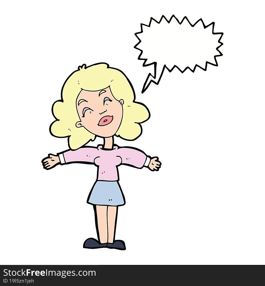 cartoon woman with open arms with speech bubble