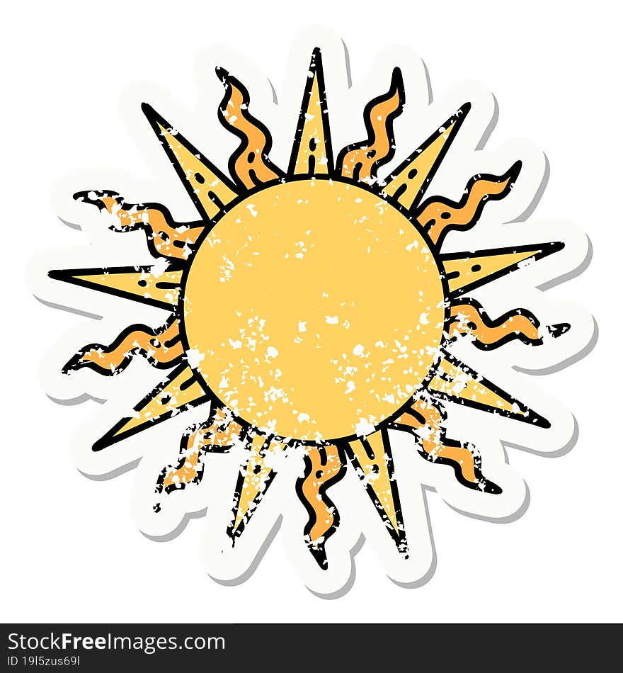 traditional distressed sticker tattoo of a sun