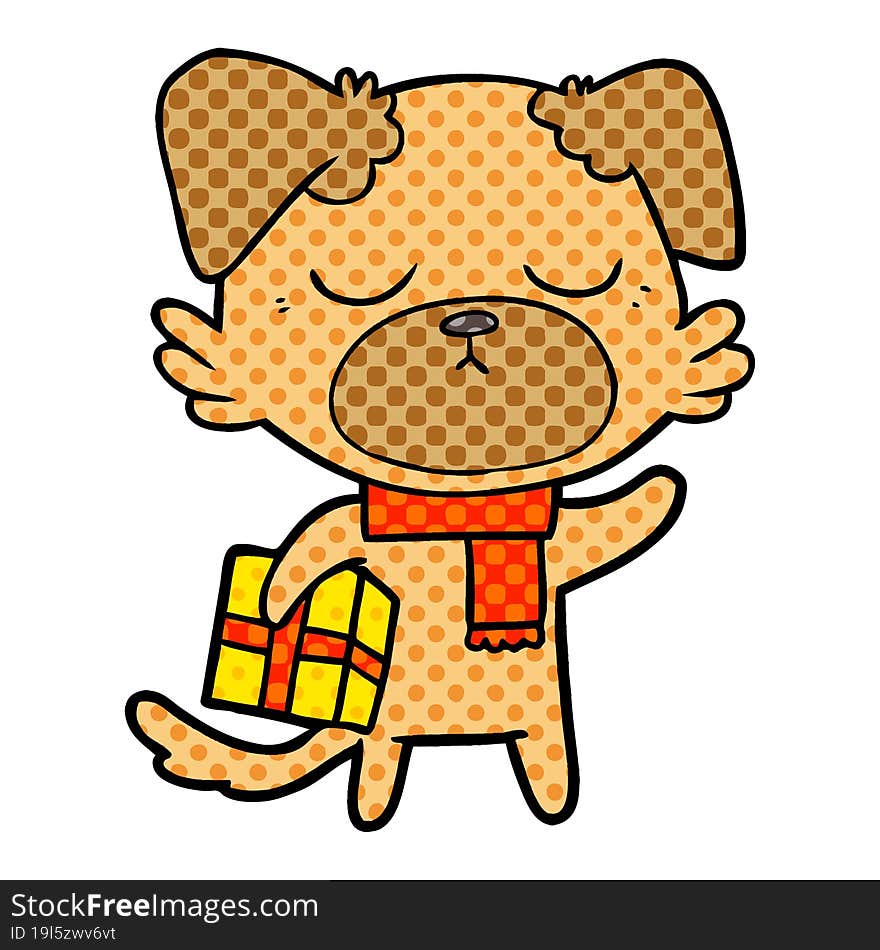 cute cartoon dog with christmas present. cute cartoon dog with christmas present