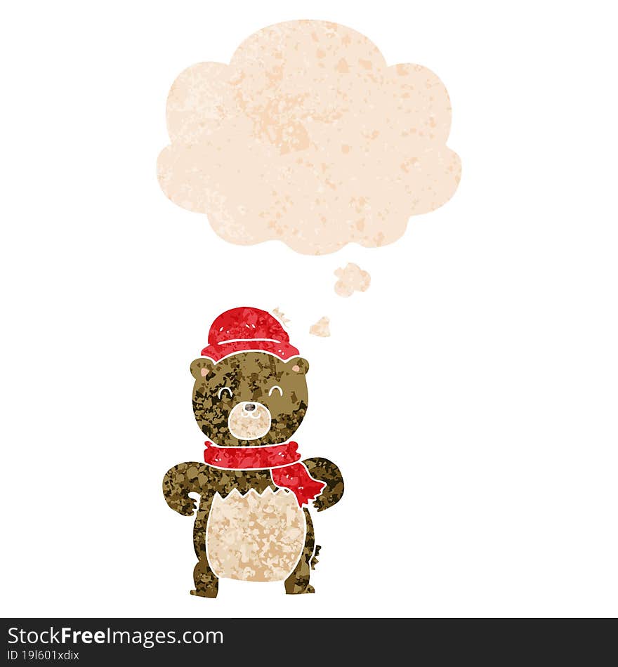 cute cartoon bear and thought bubble in retro textured style