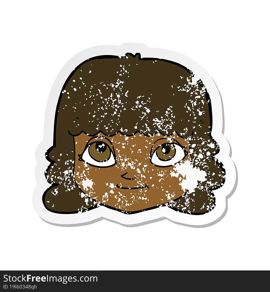 retro distressed sticker of a cartoon happy female face