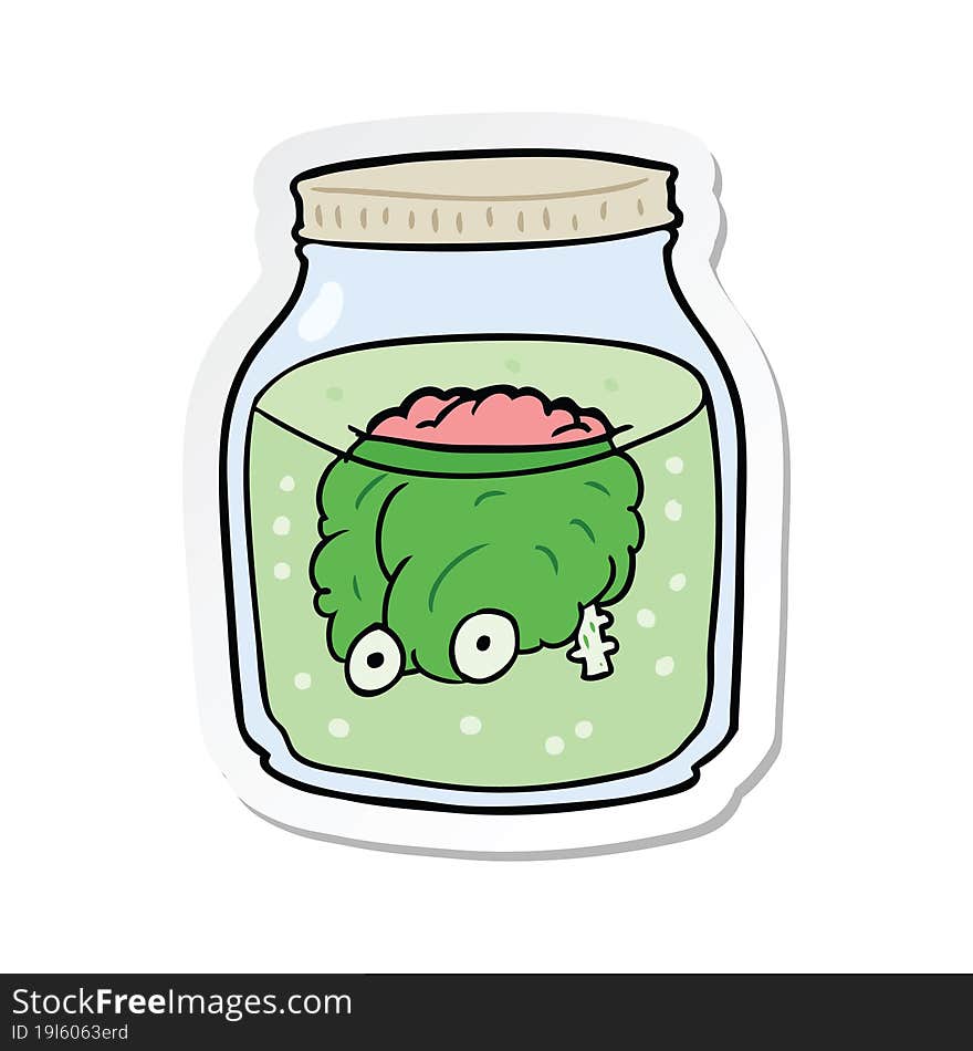 Sticker Of A Cartoon Spooky Brain In Jar