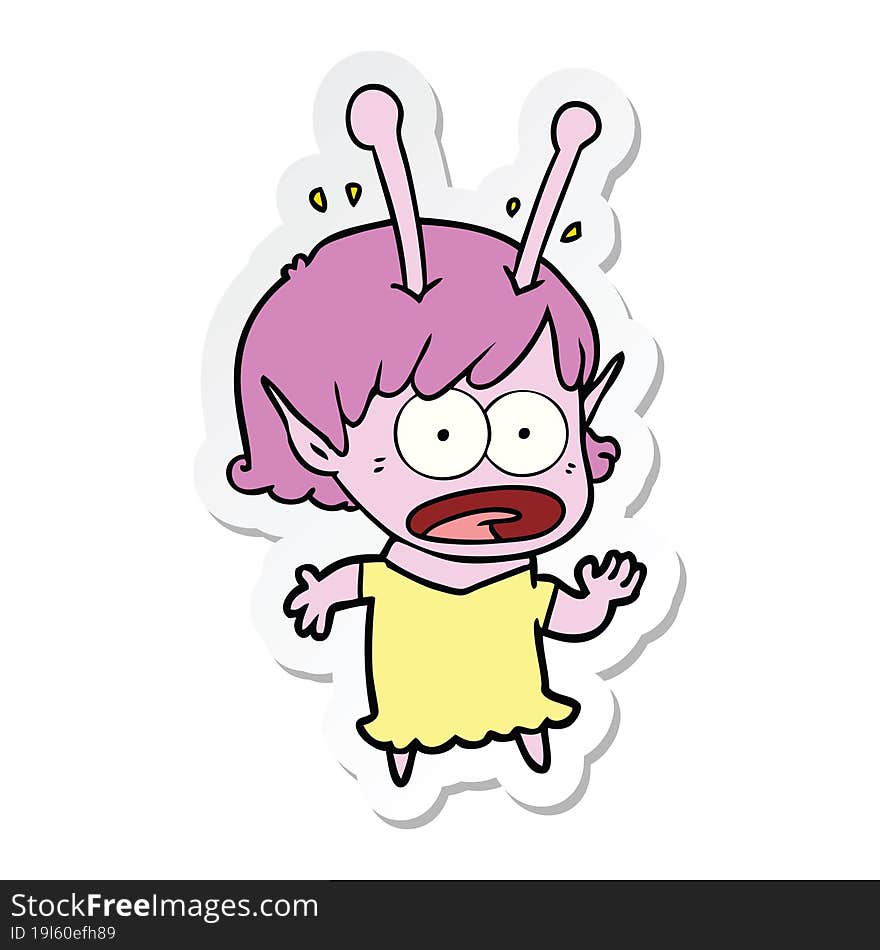 sticker of a cartoon shocked alien girl