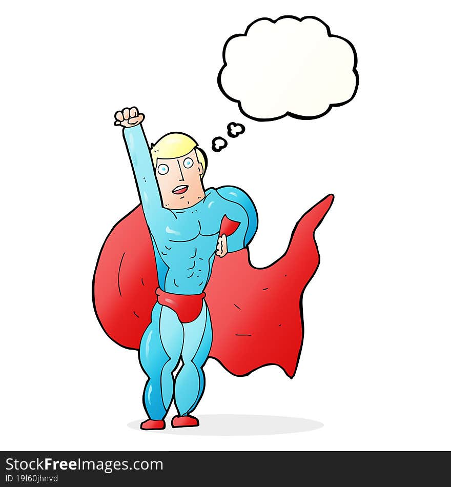 cartoon superhero with thought bubble