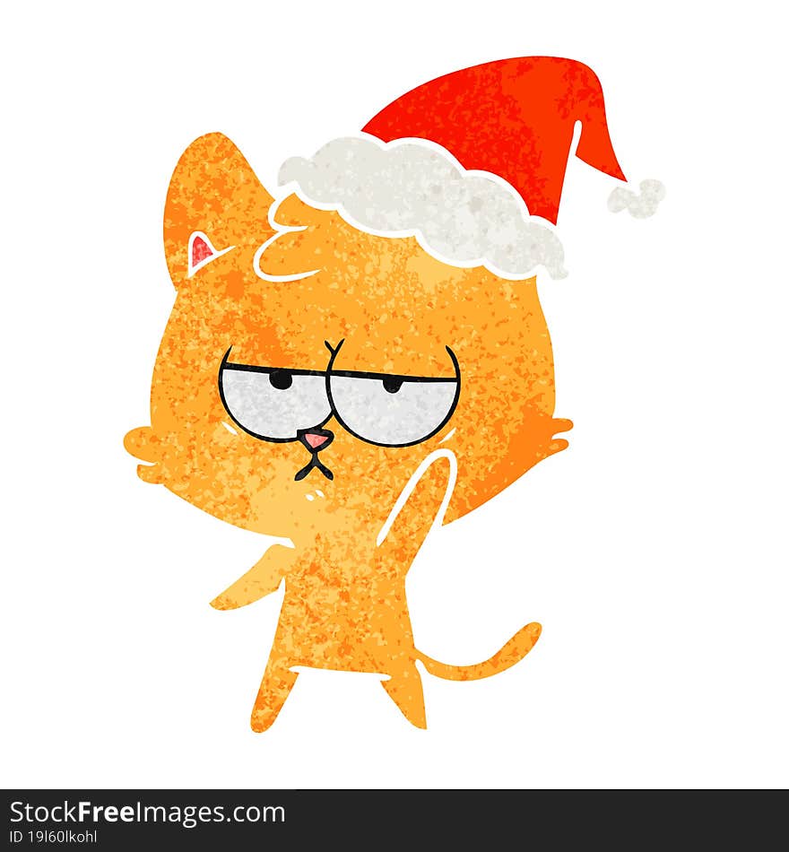 bored retro cartoon of a cat wearing santa hat