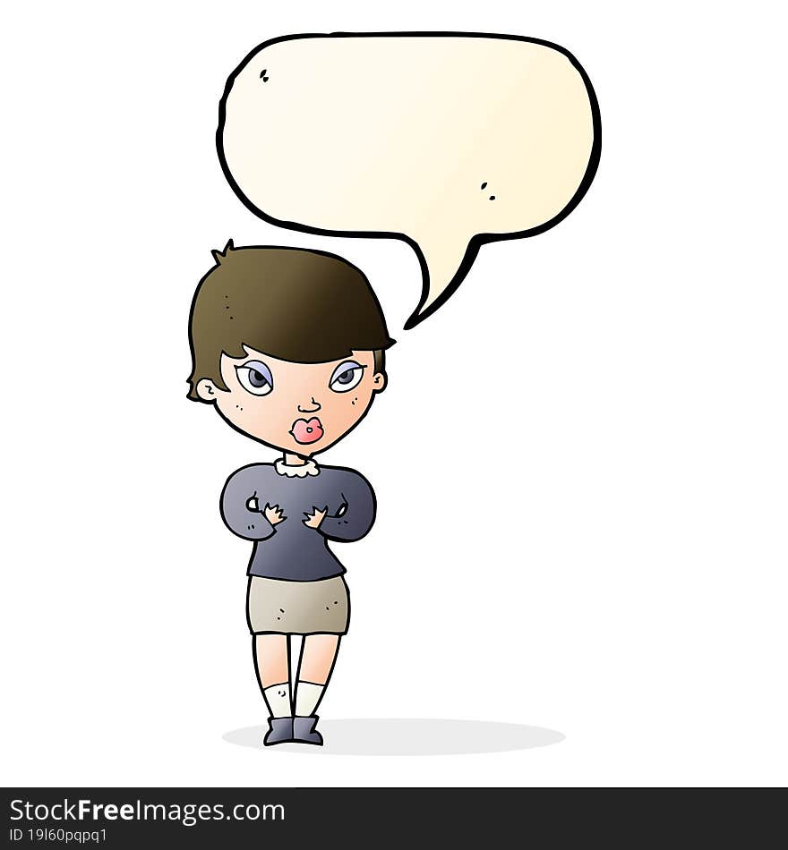 cartoon woman gesturing at self with speech bubble