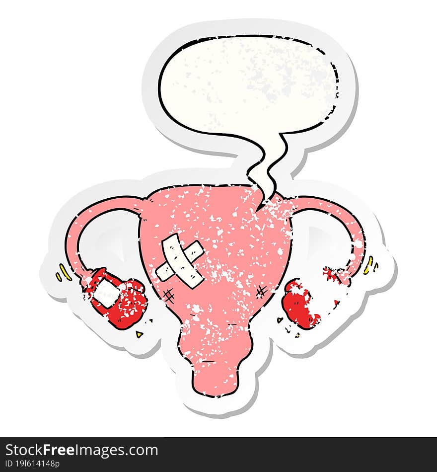 cartoon beat up uterus and boxing gloves and speech bubble distressed sticker