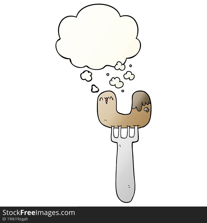 cartoon sausage on fork and thought bubble in smooth gradient style