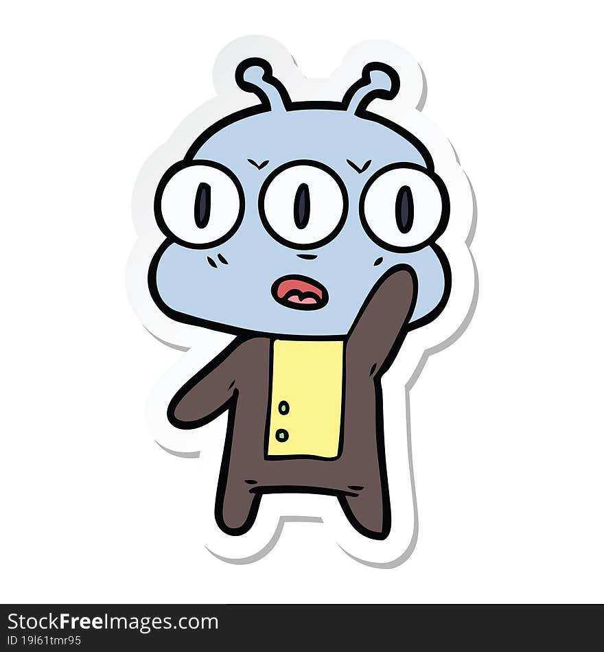 Sticker Of A Cartoon Three Eyed Alien Waving