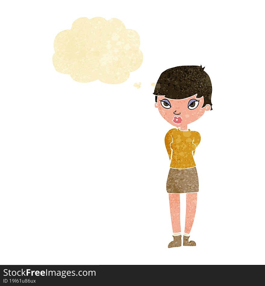 cartoon shy woman with thought bubble