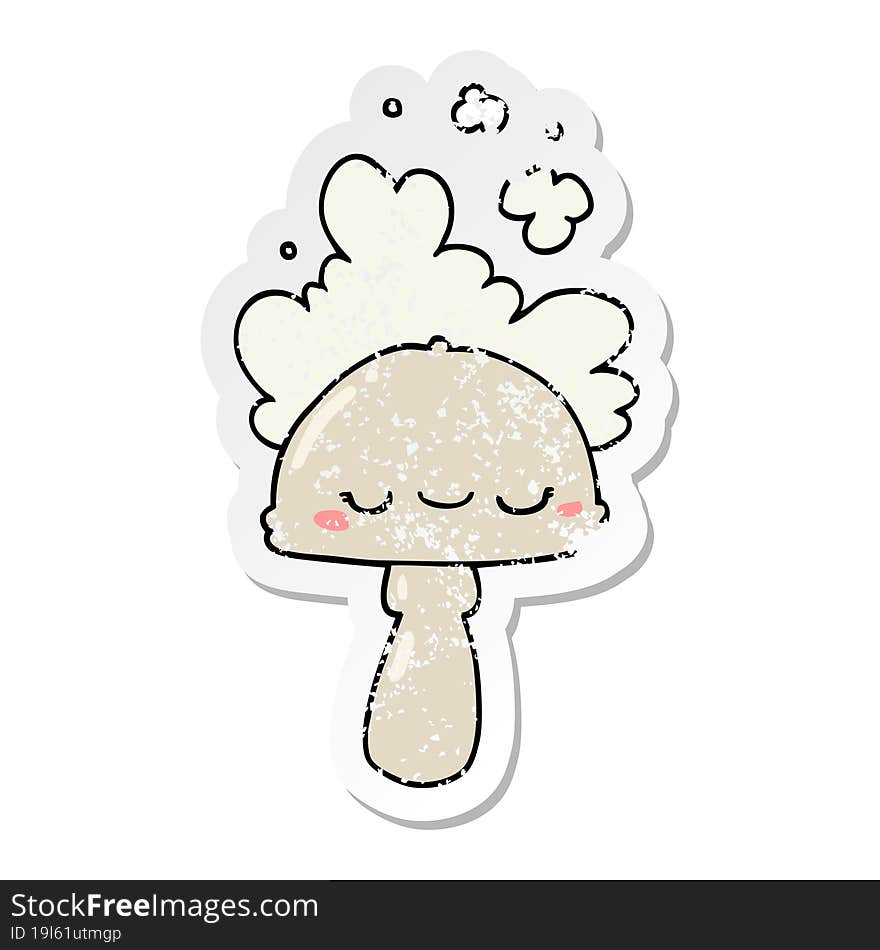 distressed sticker of a cartoon mushroom with spoor cloud