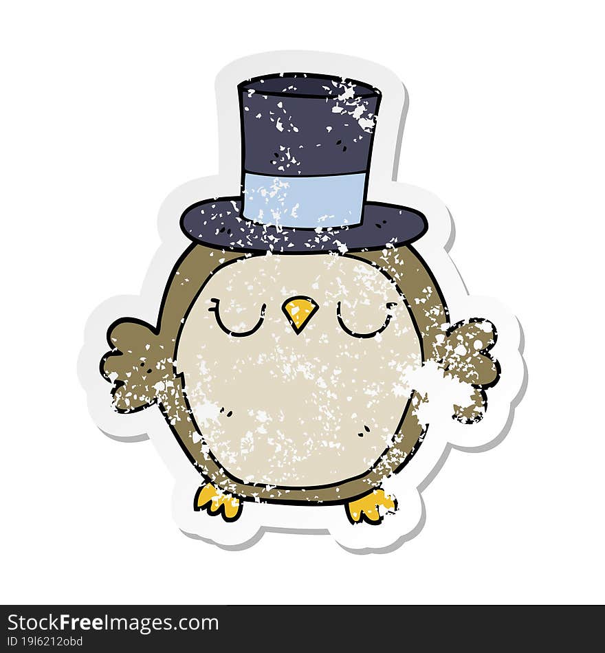 distressed sticker of a cartoon owl wearing top hat