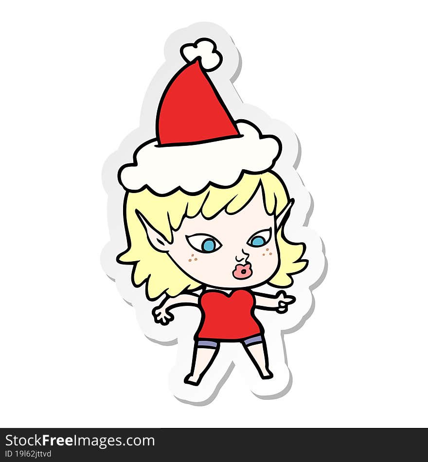 pretty sticker cartoon of a elf girl wearing santa hat