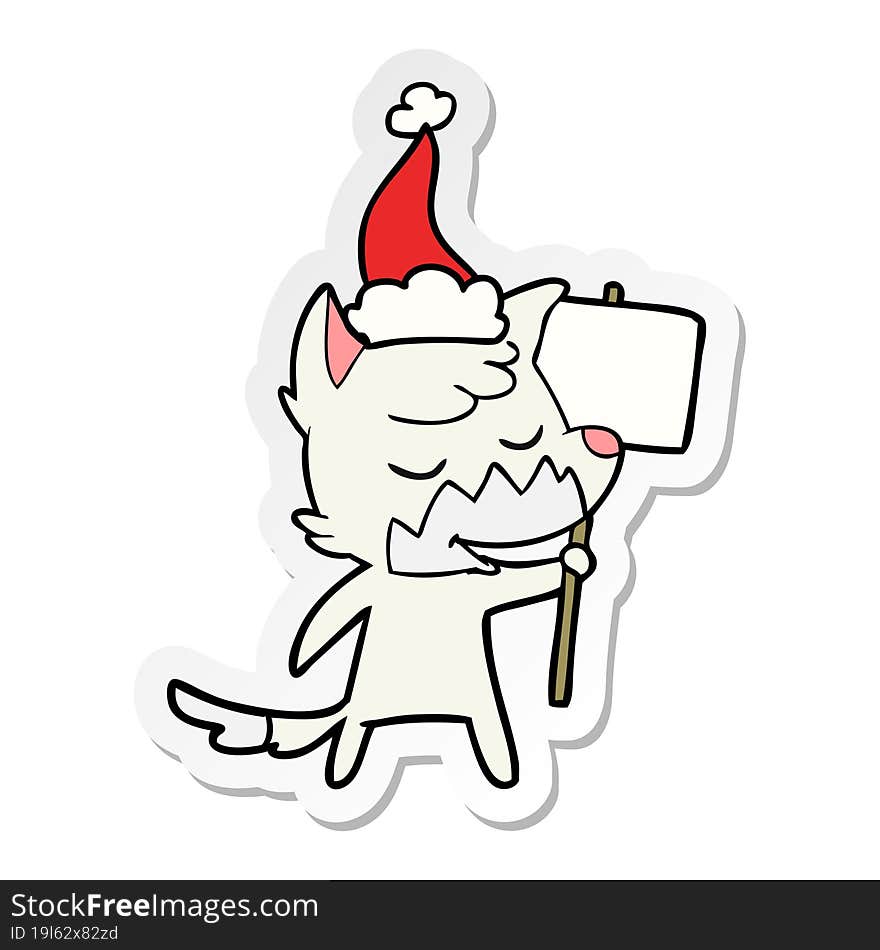 friendly sticker cartoon of a fox wearing santa hat