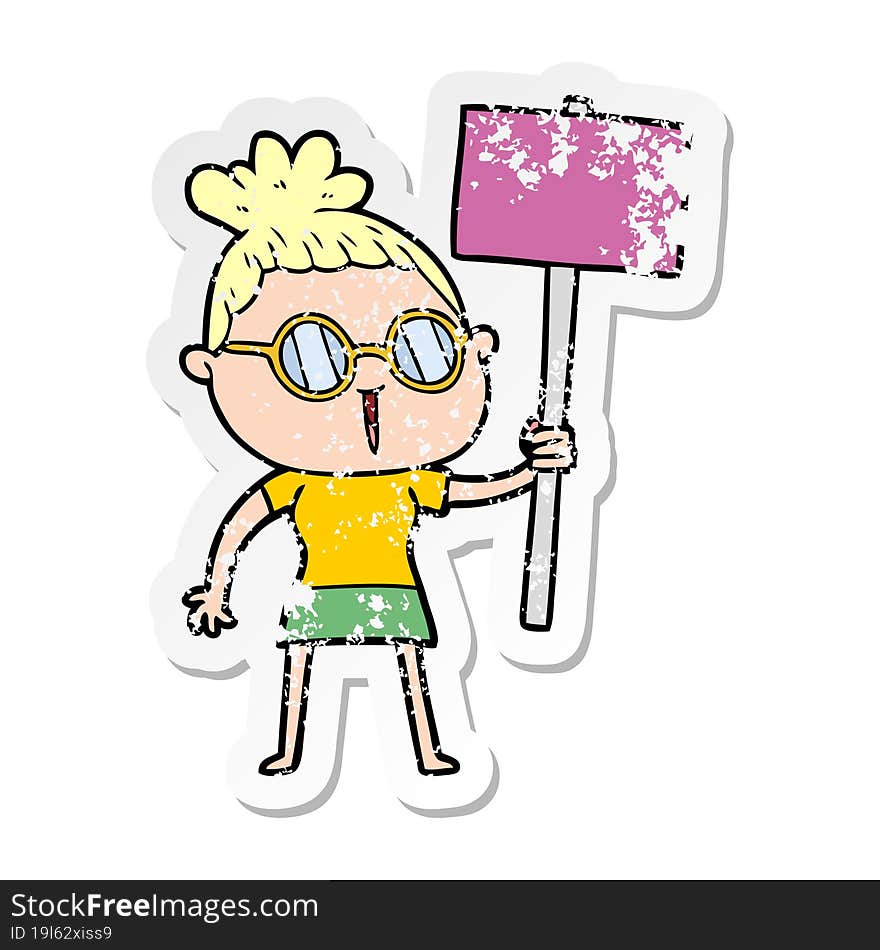 distressed sticker of a cartoon woman wearing spectacles