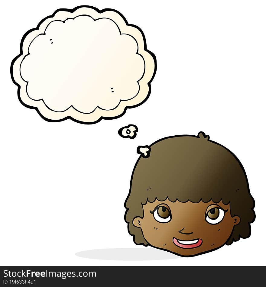 cartoon happy female face with thought bubble