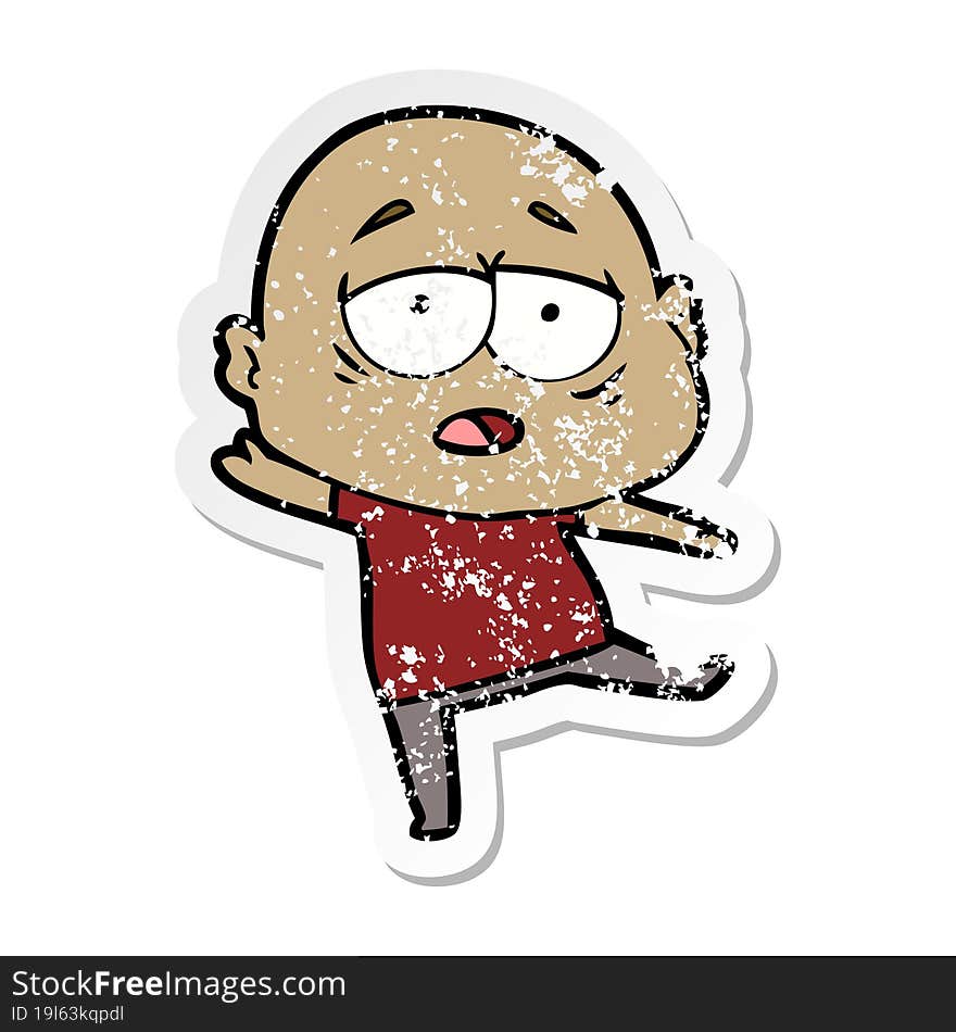 distressed sticker of a cartoon tired bald man